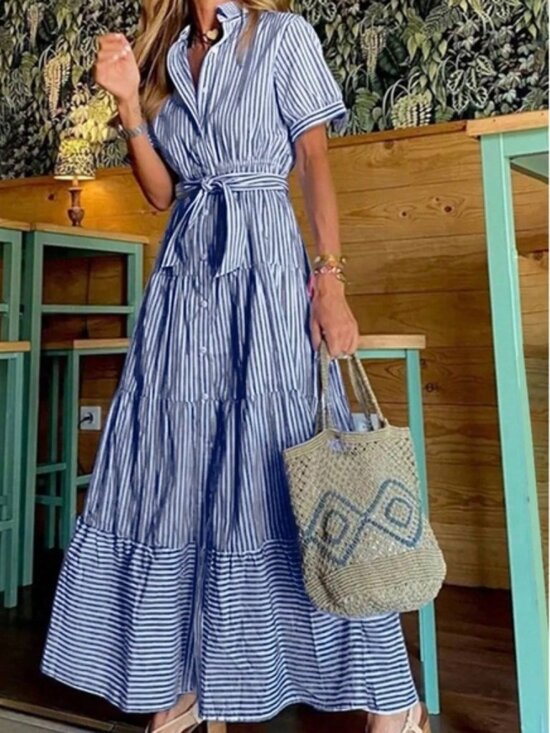 Dresses & Skirts - Boho Striped Butto Belted Short Sleeve Ruffle Hem Shirt dress